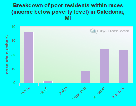 Breakdown of poor residents within races (income below poverty level) in Caledonia, MI