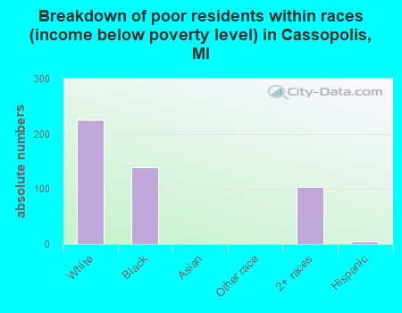 Breakdown of poor residents within races (income below poverty level) in Cassopolis, MI