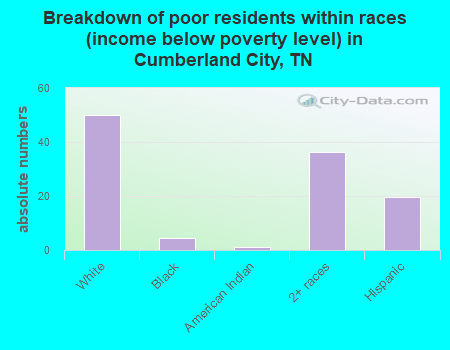 Breakdown of poor residents within races (income below poverty level) in Cumberland City, TN