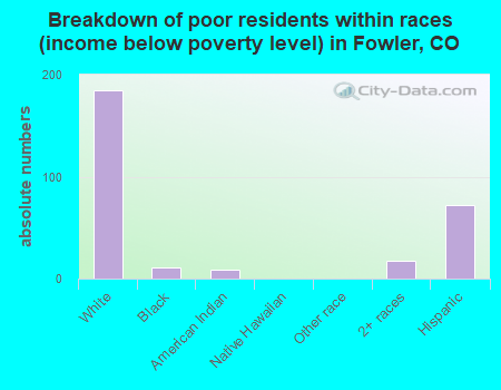 Breakdown of poor residents within races (income below poverty level) in Fowler, CO