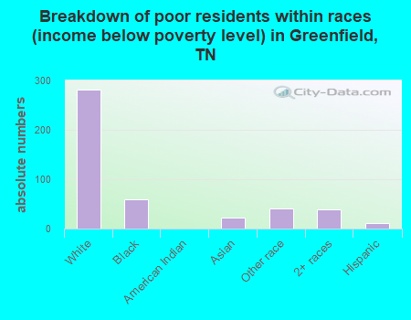 Breakdown of poor residents within races (income below poverty level) in Greenfield, TN