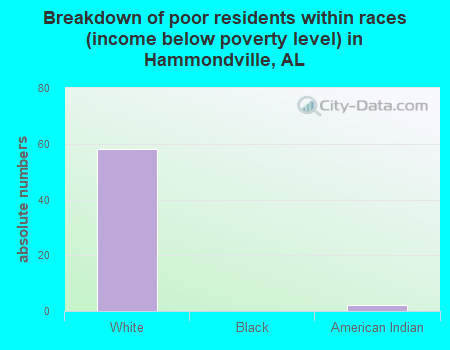 Breakdown of poor residents within races (income below poverty level) in Hammondville, AL