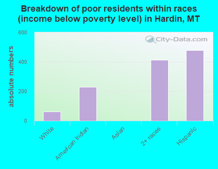 Breakdown of poor residents within races (income below poverty level) in Hardin, MT