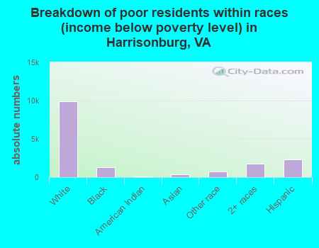 Breakdown of poor residents within races (income below poverty level) in Harrisonburg, VA