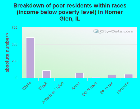 Breakdown of poor residents within races (income below poverty level) in Homer Glen, IL