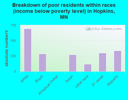 Breakdown of poor residents within races (income below poverty level) in Hopkins, MN