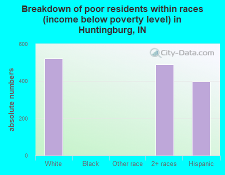 Breakdown of poor residents within races (income below poverty level) in Huntingburg, IN