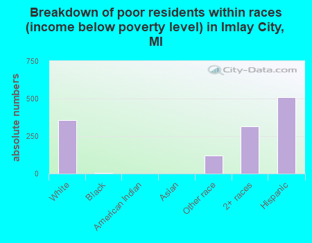 Breakdown of poor residents within races (income below poverty level) in Imlay City, MI