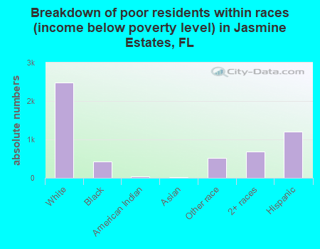 Breakdown of poor residents within races (income below poverty level) in Jasmine Estates, FL