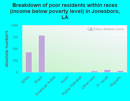 Breakdown of poor residents within races (income below poverty level) in Jonesboro, LA