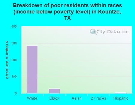Breakdown of poor residents within races (income below poverty level) in Kountze, TX