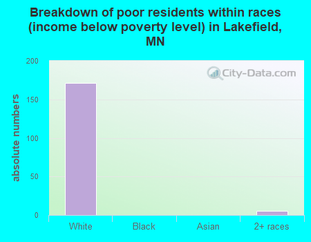 Breakdown of poor residents within races (income below poverty level) in Lakefield, MN