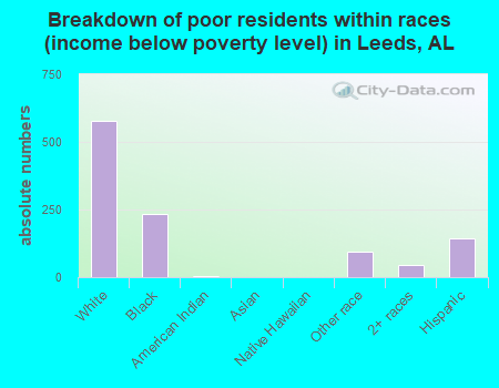 Breakdown of poor residents within races (income below poverty level) in Leeds, AL