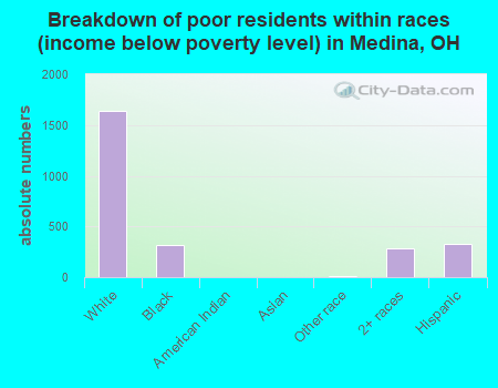 Breakdown of poor residents within races (income below poverty level) in Medina, OH