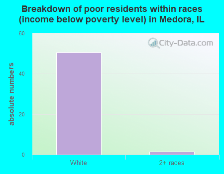 Breakdown of poor residents within races (income below poverty level) in Medora, IL