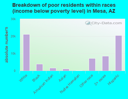 Breakdown of poor residents within races (income below poverty level) in Mesa, AZ
