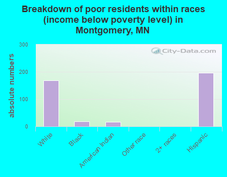 Breakdown of poor residents within races (income below poverty level) in Montgomery, MN