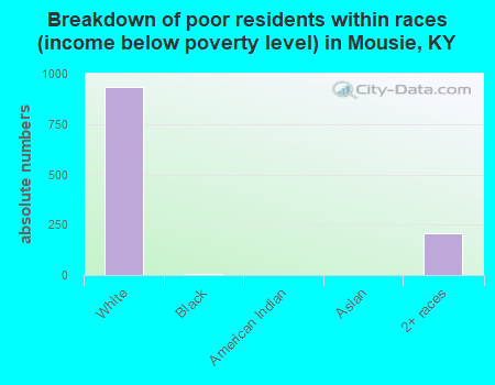 Breakdown of poor residents within races (income below poverty level) in Mousie, KY