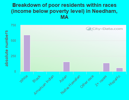 Breakdown of poor residents within races (income below poverty level) in Needham, MA