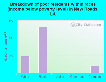 Breakdown of poor residents within races (income below poverty level) in New Roads, LA