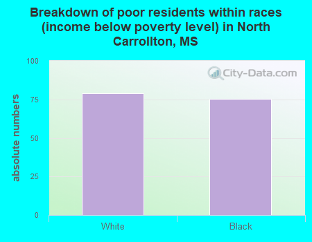 Breakdown of poor residents within races (income below poverty level) in North Carrollton, MS