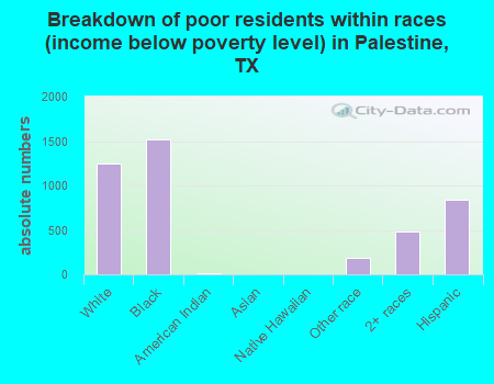 Breakdown of poor residents within races (income below poverty level) in Palestine, TX