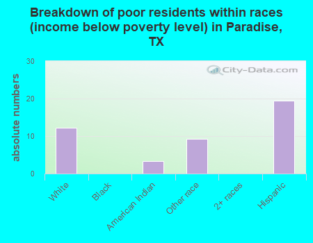 Breakdown of poor residents within races (income below poverty level) in Paradise, TX