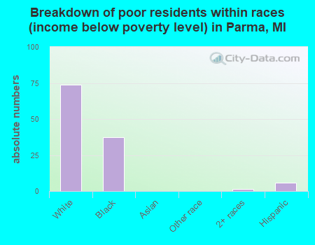 Breakdown of poor residents within races (income below poverty level) in Parma, MI