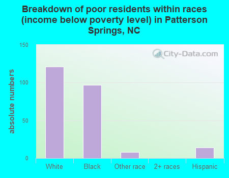 Breakdown of poor residents within races (income below poverty level) in Patterson Springs, NC