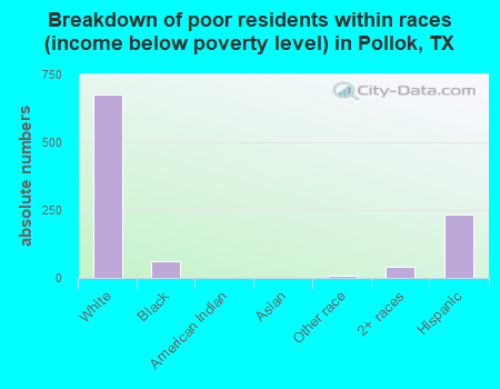 Breakdown of poor residents within races (income below poverty level) in Pollok, TX