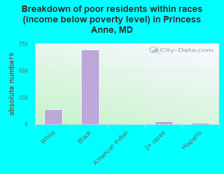 Breakdown of poor residents within races (income below poverty level) in Princess Anne, MD