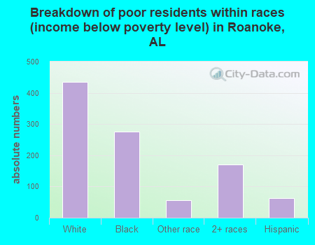 Breakdown of poor residents within races (income below poverty level) in Roanoke, AL