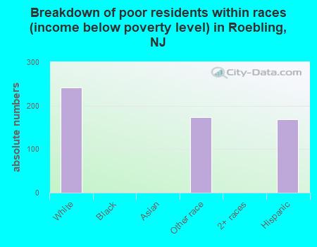 Breakdown of poor residents within races (income below poverty level) in Roebling, NJ
