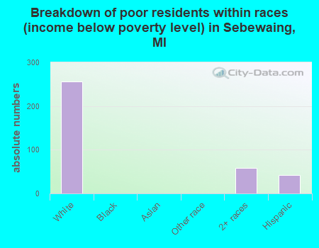 Breakdown of poor residents within races (income below poverty level) in Sebewaing, MI