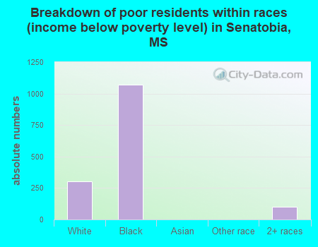Breakdown of poor residents within races (income below poverty level) in Senatobia, MS