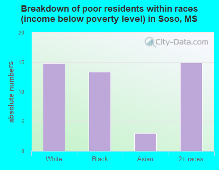 Breakdown of poor residents within races (income below poverty level) in Soso, MS