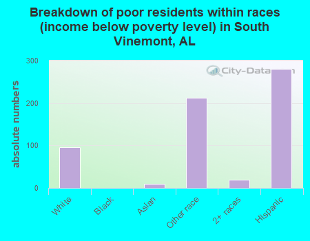 Breakdown of poor residents within races (income below poverty level) in South Vinemont, AL