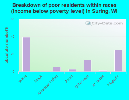 Breakdown of poor residents within races (income below poverty level) in Suring, WI
