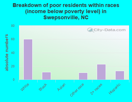 Breakdown of poor residents within races (income below poverty level) in Swepsonville, NC