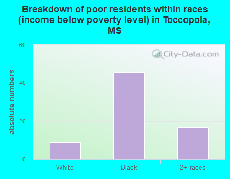 Breakdown of poor residents within races (income below poverty level) in Toccopola, MS