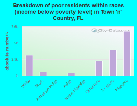 Breakdown of poor residents within races (income below poverty level) in Town 'n' Country, FL