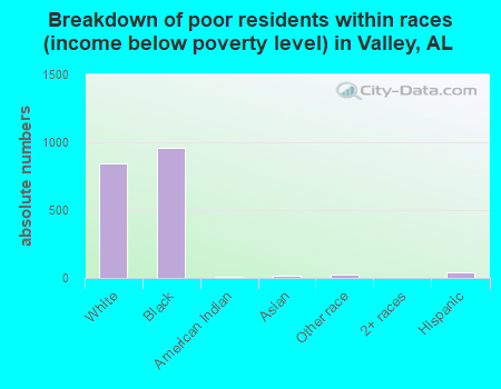 Breakdown of poor residents within races (income below poverty level) in Valley, AL