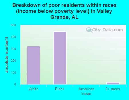 Breakdown of poor residents within races (income below poverty level) in Valley Grande, AL