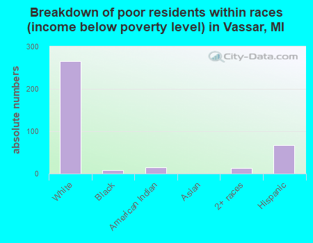 Breakdown of poor residents within races (income below poverty level) in Vassar, MI