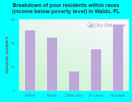 Breakdown of poor residents within races (income below poverty level) in Waldo, FL