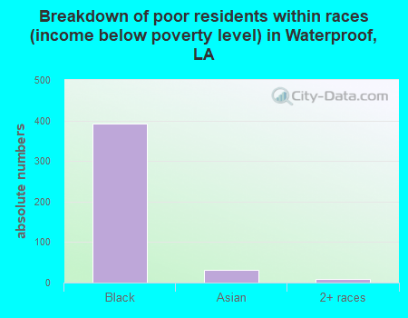 Breakdown of poor residents within races (income below poverty level) in Waterproof, LA