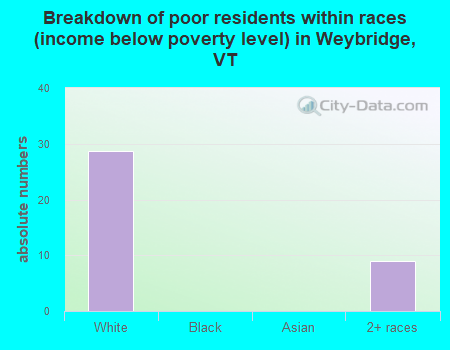 Breakdown of poor residents within races (income below poverty level) in Weybridge, VT