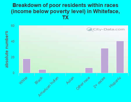 Breakdown of poor residents within races (income below poverty level) in Whiteface, TX