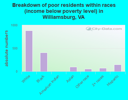 Breakdown of poor residents within races (income below poverty level) in Williamsburg, VA