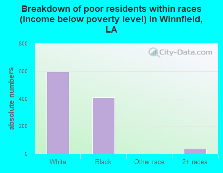 Breakdown of poor residents within races (income below poverty level) in Winnfield, LA